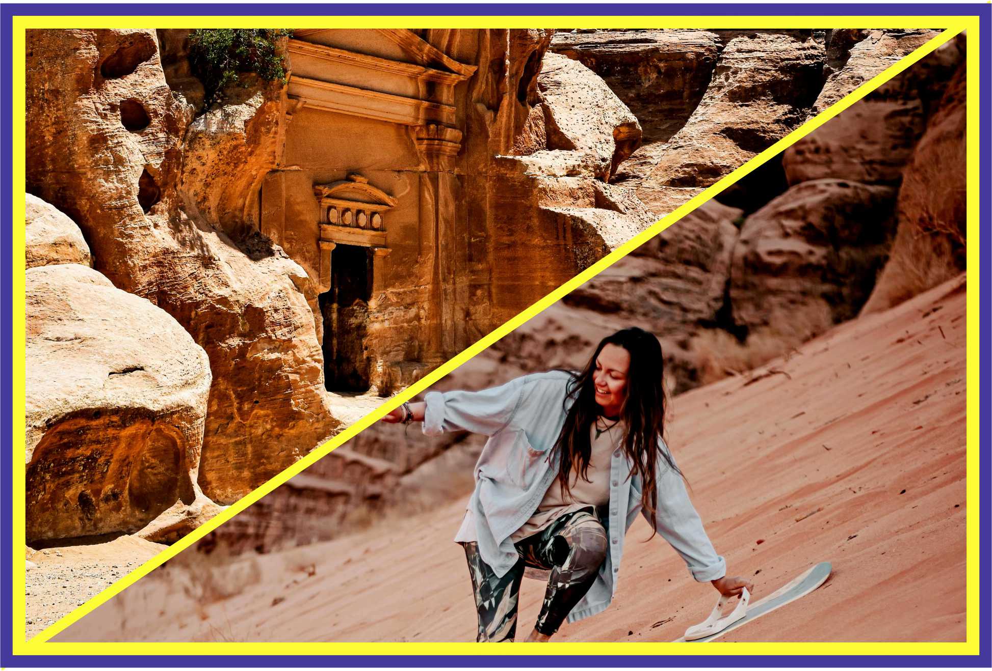Amman cityscape; Jerash archaeological site; Madaba mosaic map; Mount Nebo viewpoint; Kerak Castle fortress; Petra ancient ruins; Wadi Rum desert landscape; Sandboarding, Lawrence of Arabia's camp; Amman Queen Alia International Airport.